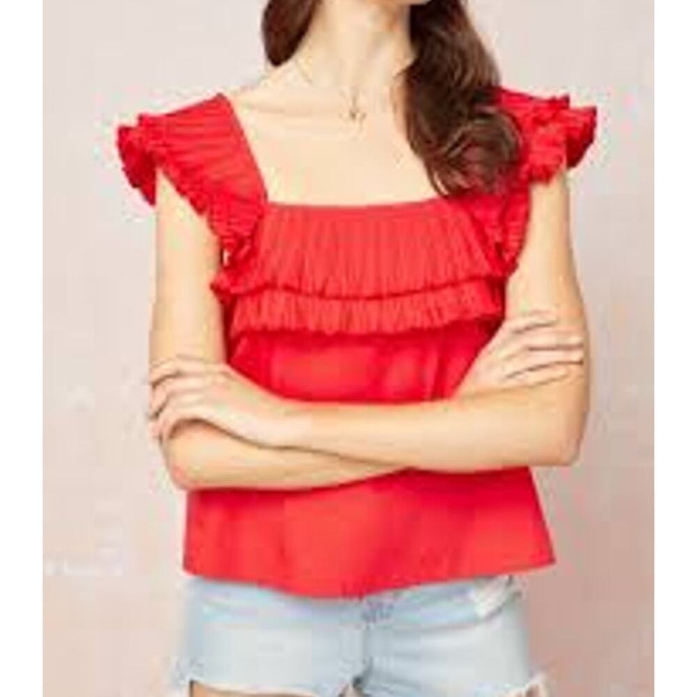 Entro Square Neck Pleated Ruffle Tiered Strap Tank Top Red Large